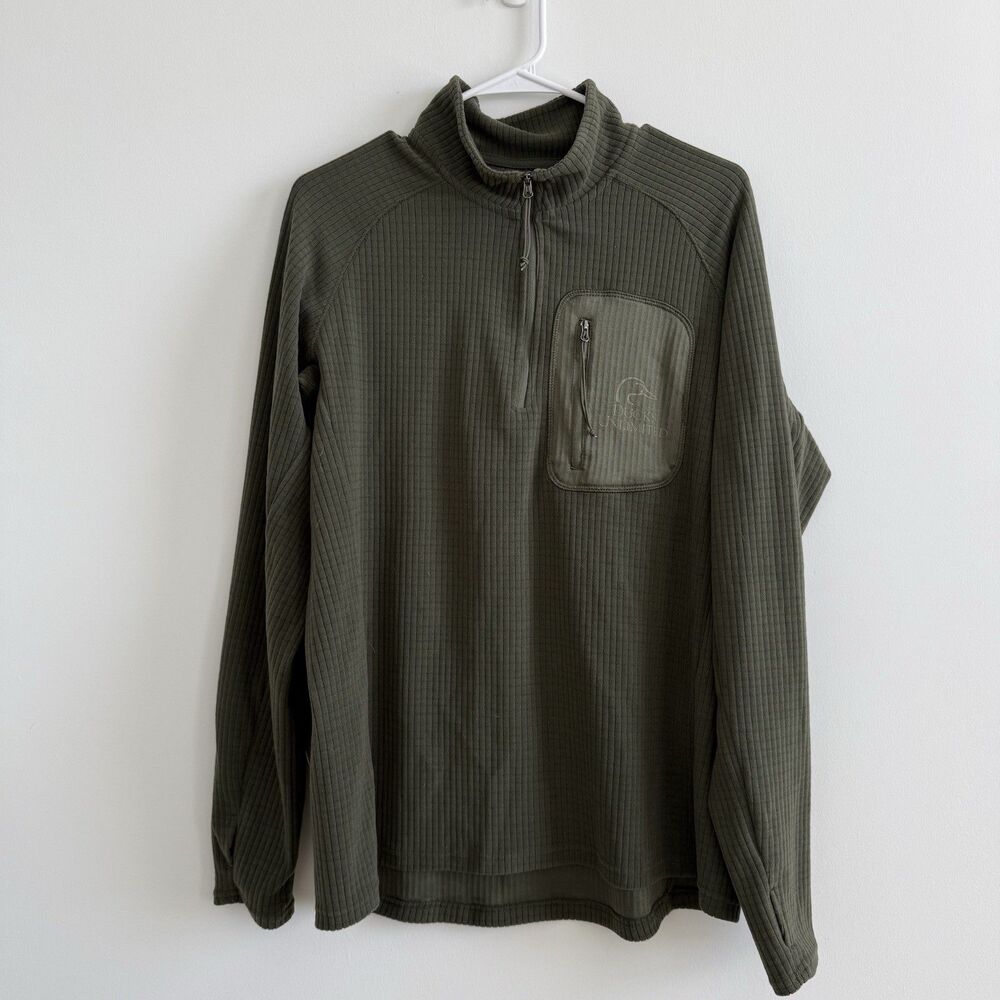 Ducks Unlimited Mens Green Quarter Zip Ribbed Sweater Outdoors Golf Sz Large